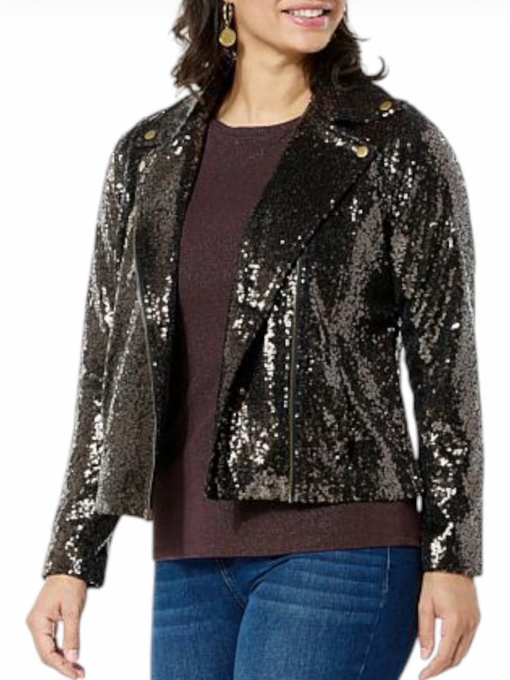 New 2x Colleen Lopez bronze sequin moto zipper jacket with pockets lightweight